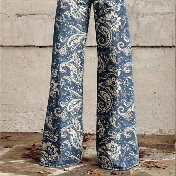 Blue Boho Women's Casual Vacation Paisley Print Side Pocket Denim Pants - Picture 3 of 8